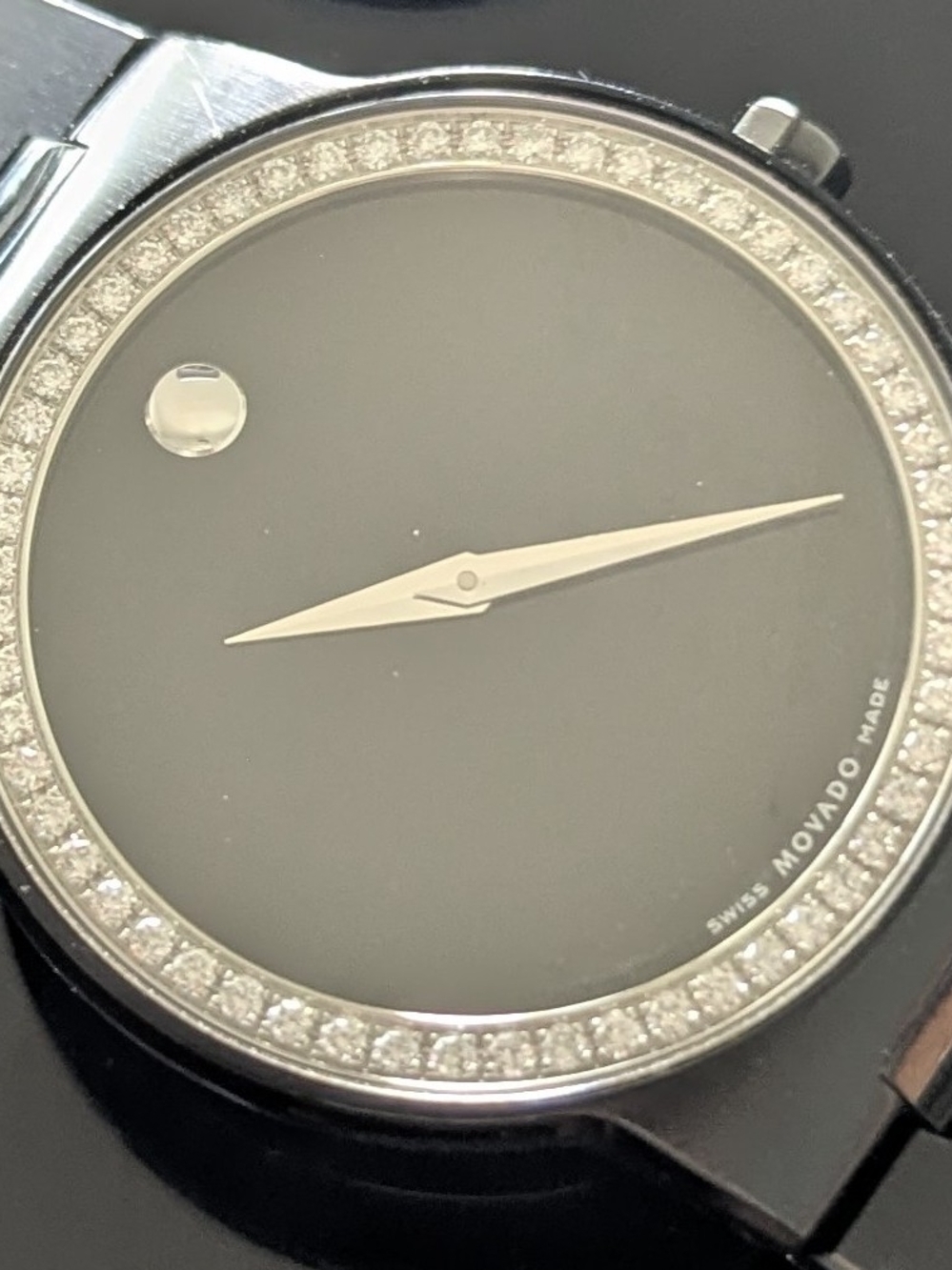 Movado Stainless Steel Black Dial Diamond Bezel Watch